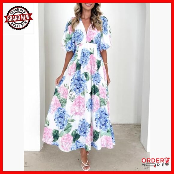 Floral Maxi Dress Wedding Guest Summer V-Neck Short Sleeve A-Line - Picture 2 of 7